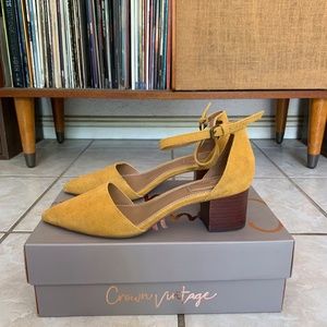 Crown Vintage Suede Mustard Yellow Pointed Stacked Wooden Heels